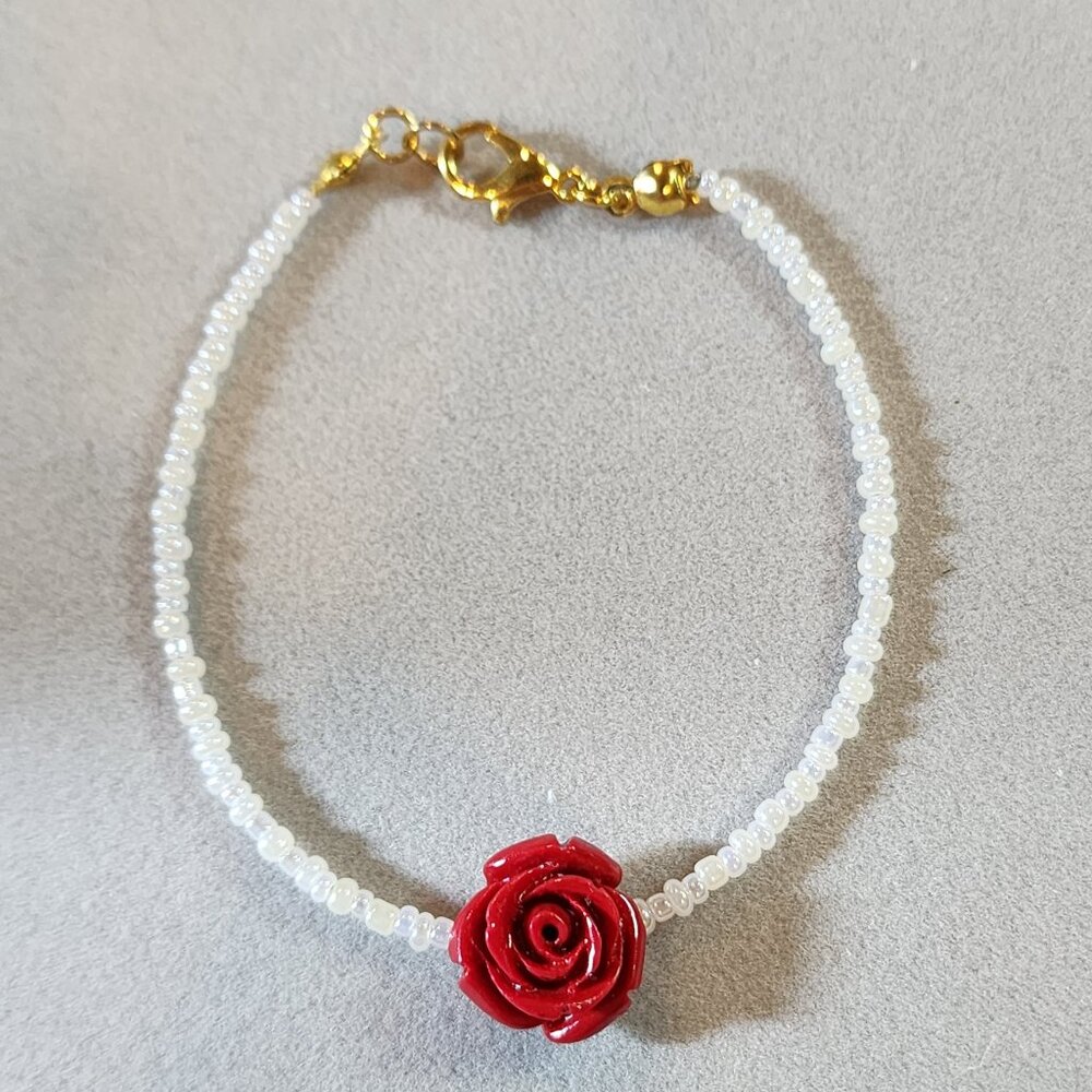 Beautiful white beaded and red rose bracelet